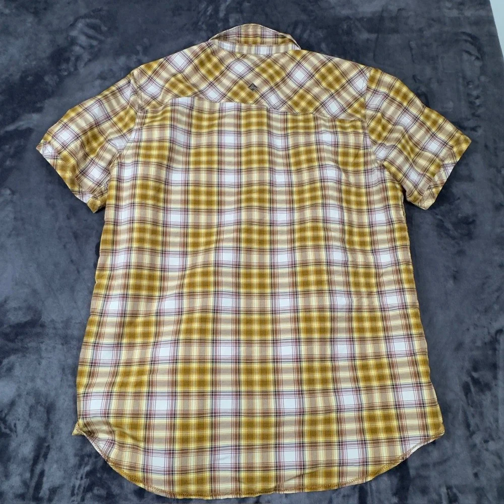 Prana Button Down Shirt Mens‎ Large Yellow Plaid Slim Fit Recycled Polyester